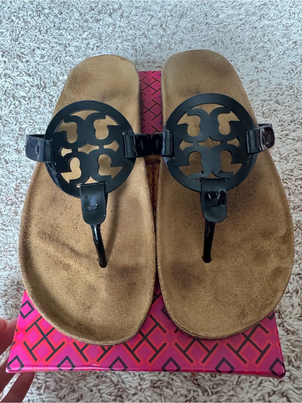 Tory Burch Black Miller Patent Leather Cork Thong Sandals